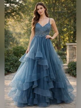 Camille La Vie Blue Beaded Tulle A-Line Formal Prom Dress